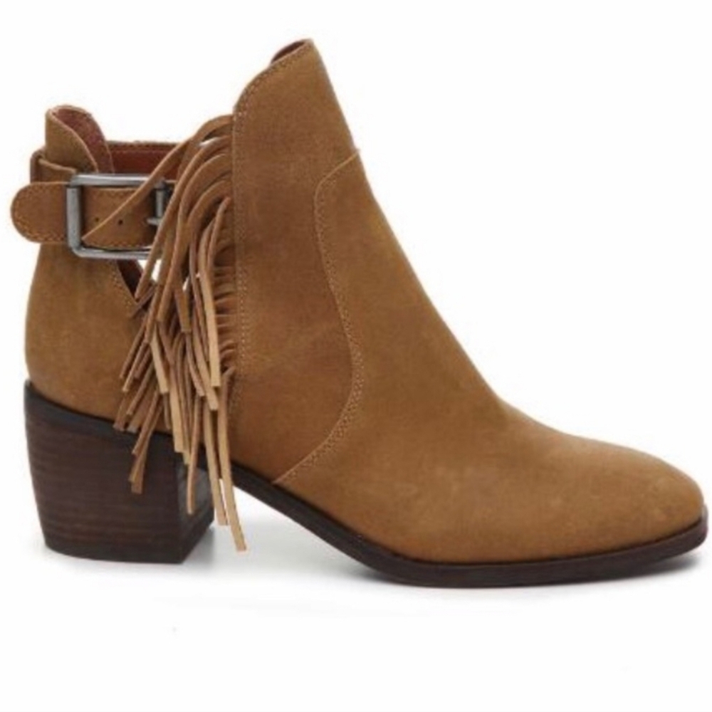 Lucky Brand Makenna tan suede leather western fringe ankle bootie 8